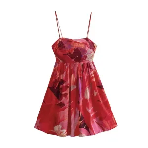 Flower Print Short Dress Slash Collar Ruched Chest Mini Sling Dress Sexy Backless Boho Summer Dress