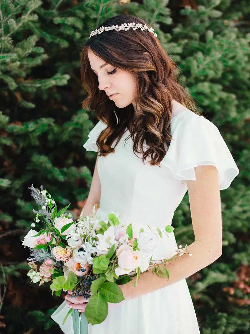 Flowy Beach Short Sleeves Beaded Belt Temple Chiffon Modest Wedding Dress-715364