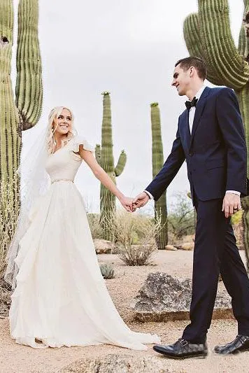 Flowy Beach Short Sleeves Beaded Belt Temple Chiffon Modest Wedding Dress-715364