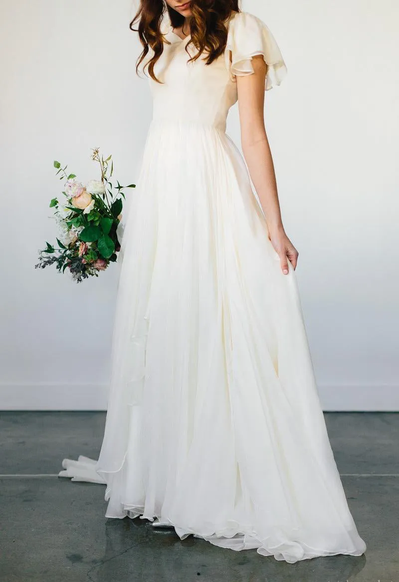 Flowy Beach Short Sleeves Beaded Belt Temple Chiffon Modest Wedding Dress-715364