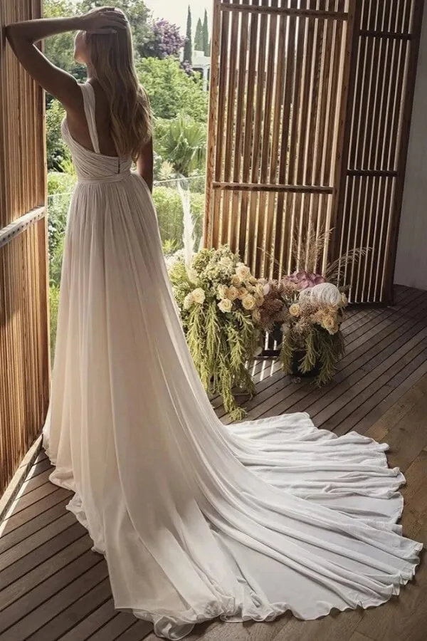 Flowy Chiffon A Line Sweetheart Pleated Bodice Beach Wedding Dresses, MW1093