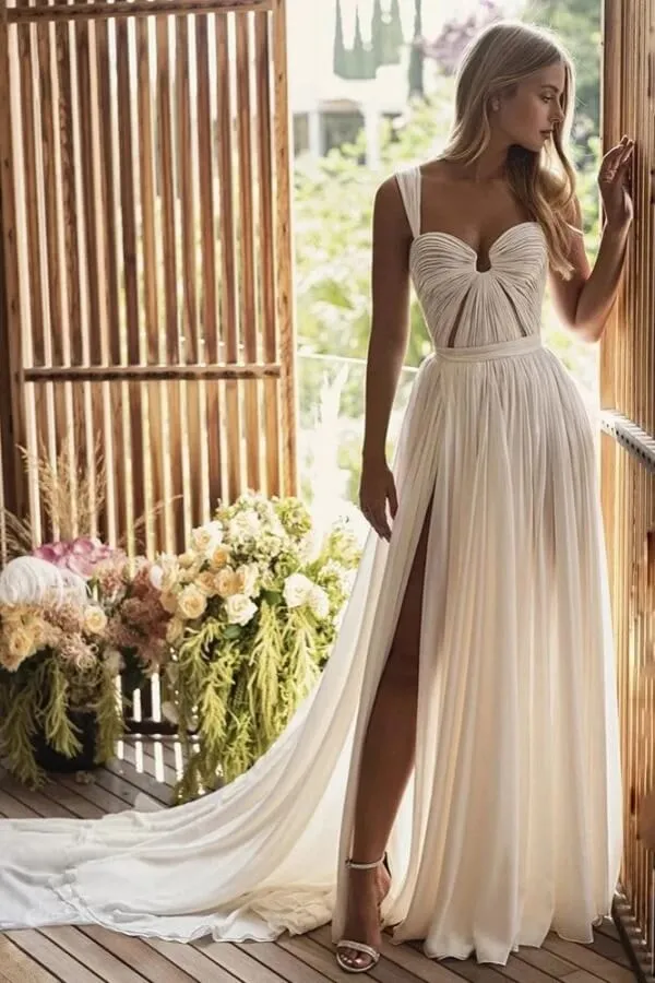 Flowy Chiffon A Line Sweetheart Pleated Bodice Beach Wedding Dresses, MW1093