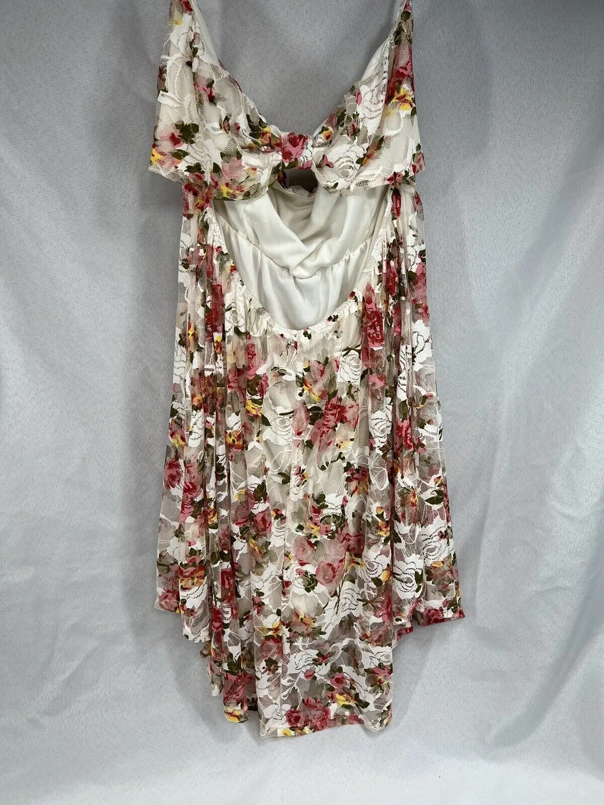 Flowy Lace Back Bow Dress Floral Strapless Mini Dress Beach Cover X-Large Day