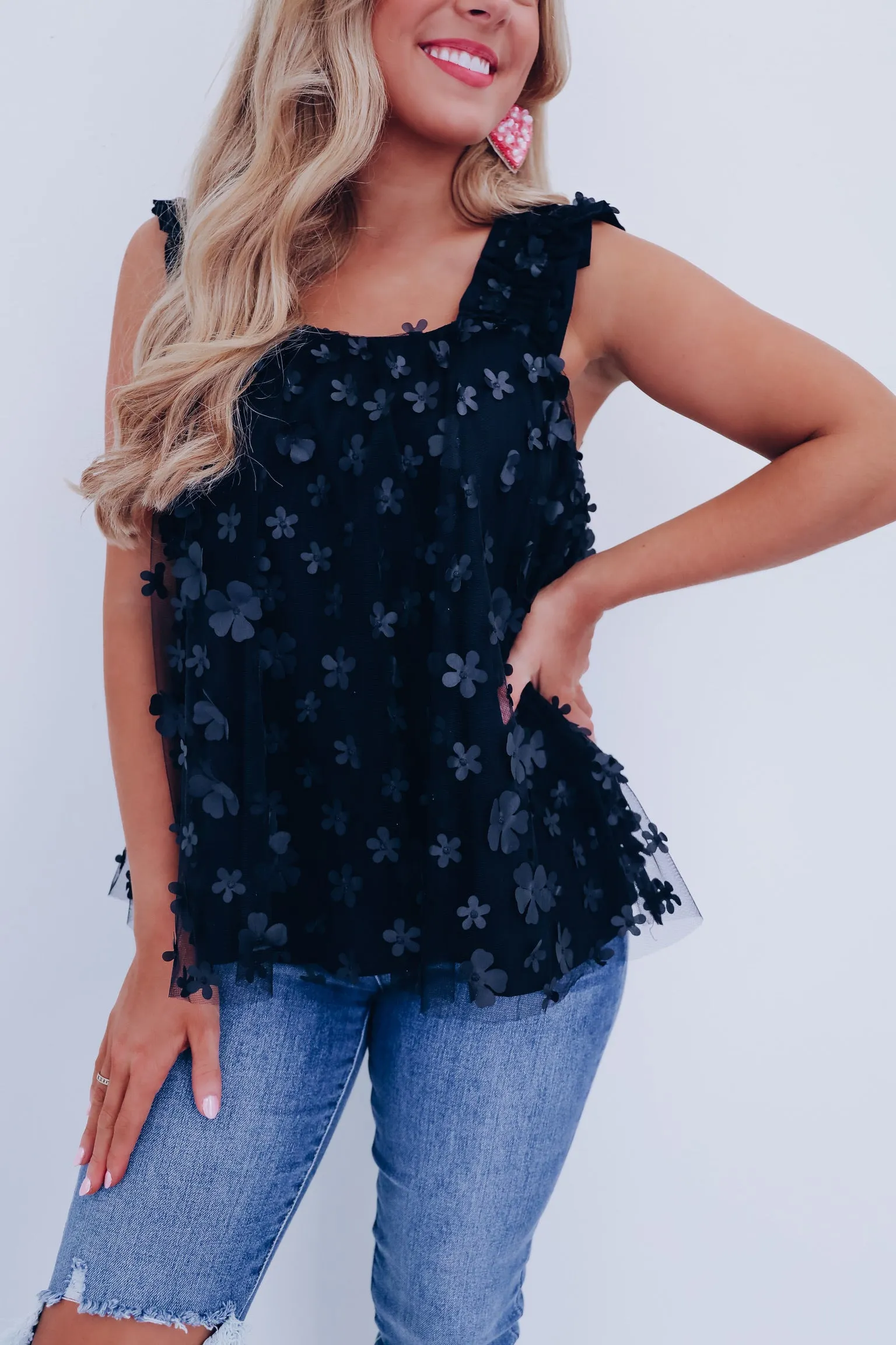 Flowy Tulle Floral Tank Top - Black