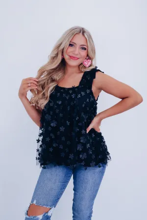 Flowy Tulle Floral Tank Top - Black
