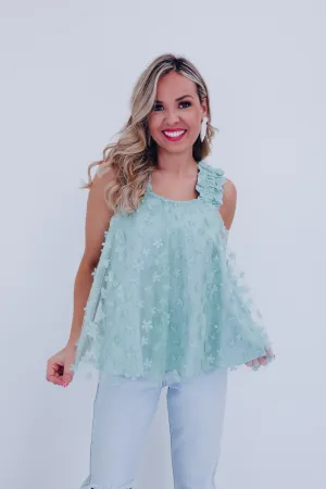 Flowy Tulle Floral Tank Top - Mint