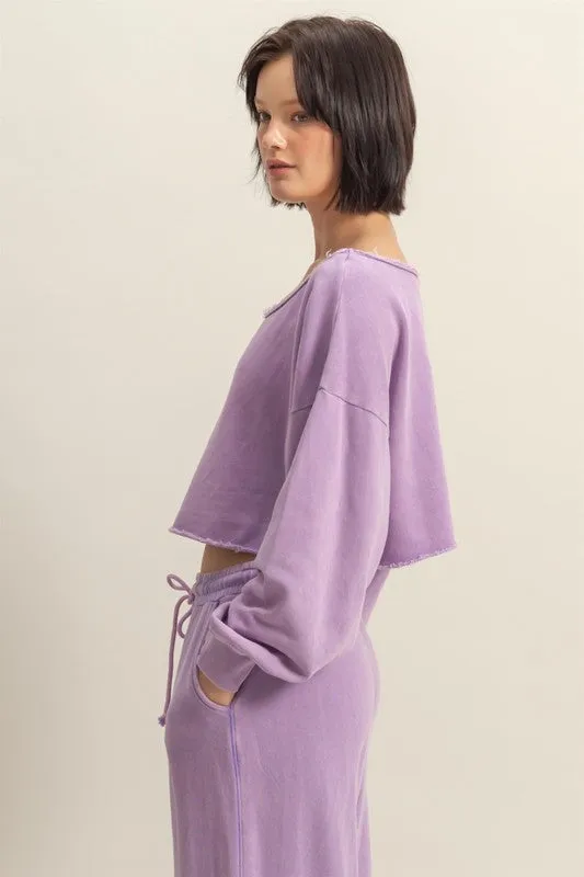 Frayed Boat Neck Long Sleeve Crop Top