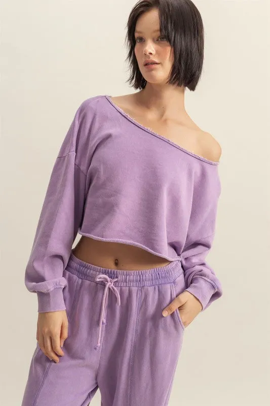 Frayed Boat Neck Long Sleeve Crop Top