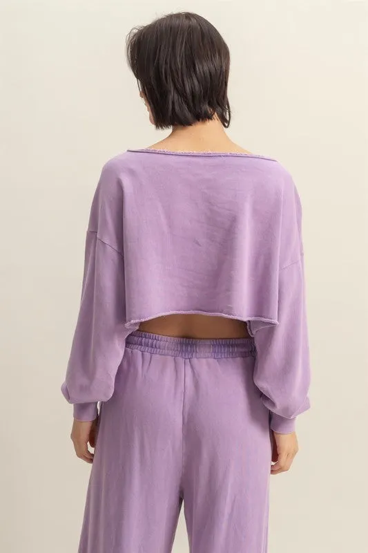 Frayed Boat Neck Long Sleeve Crop Top