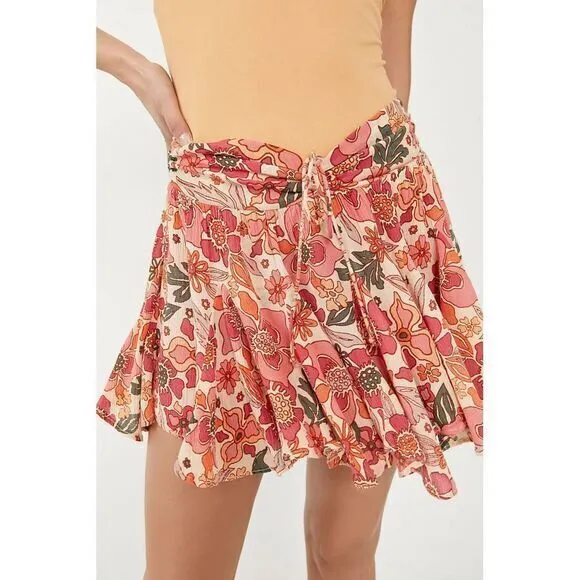 FREE PEOPLE Ellie Mini‎ Skort Skirt-Shorts Sand Combo Pink Floral Boho Size XS