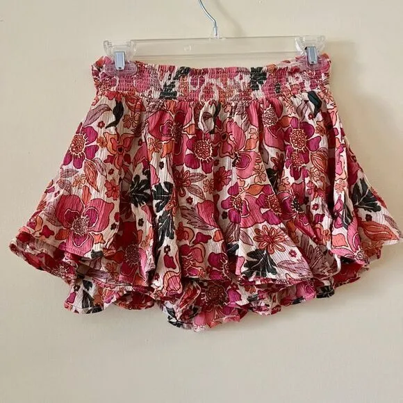 FREE PEOPLE Ellie Mini‎ Skort Skirt-Shorts Sand Combo Pink Floral Boho Size XS