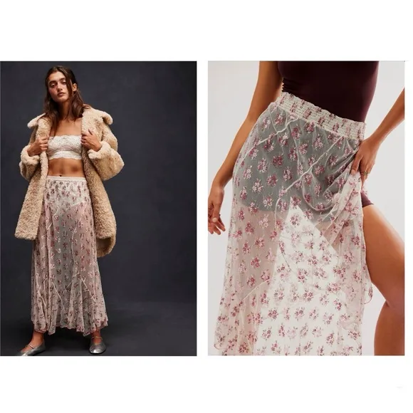 Free People “Talk That Talk” Half Slip Floral Embroidered Sheer Skirt L