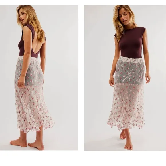 Free People “Talk That Talk” Half Slip Floral Embroidered Sheer Skirt L