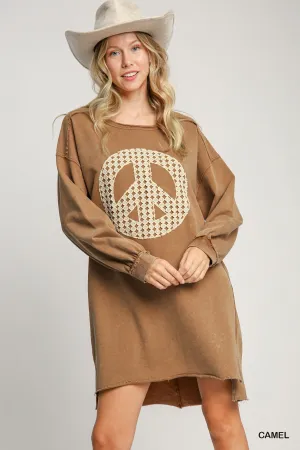 French Terry Dress Lace Applique Peace Sign Dress