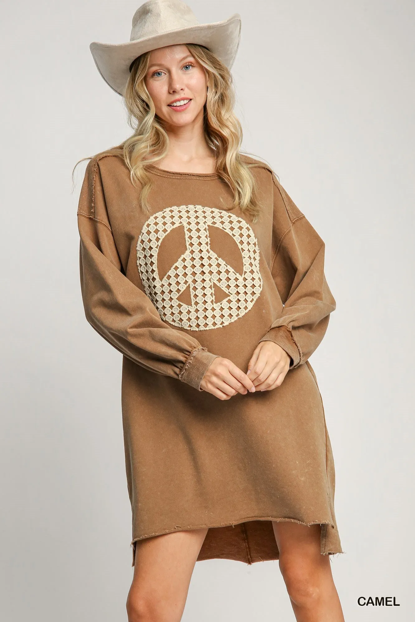 French Terry Dress Lace Applique Peace Sign Dress