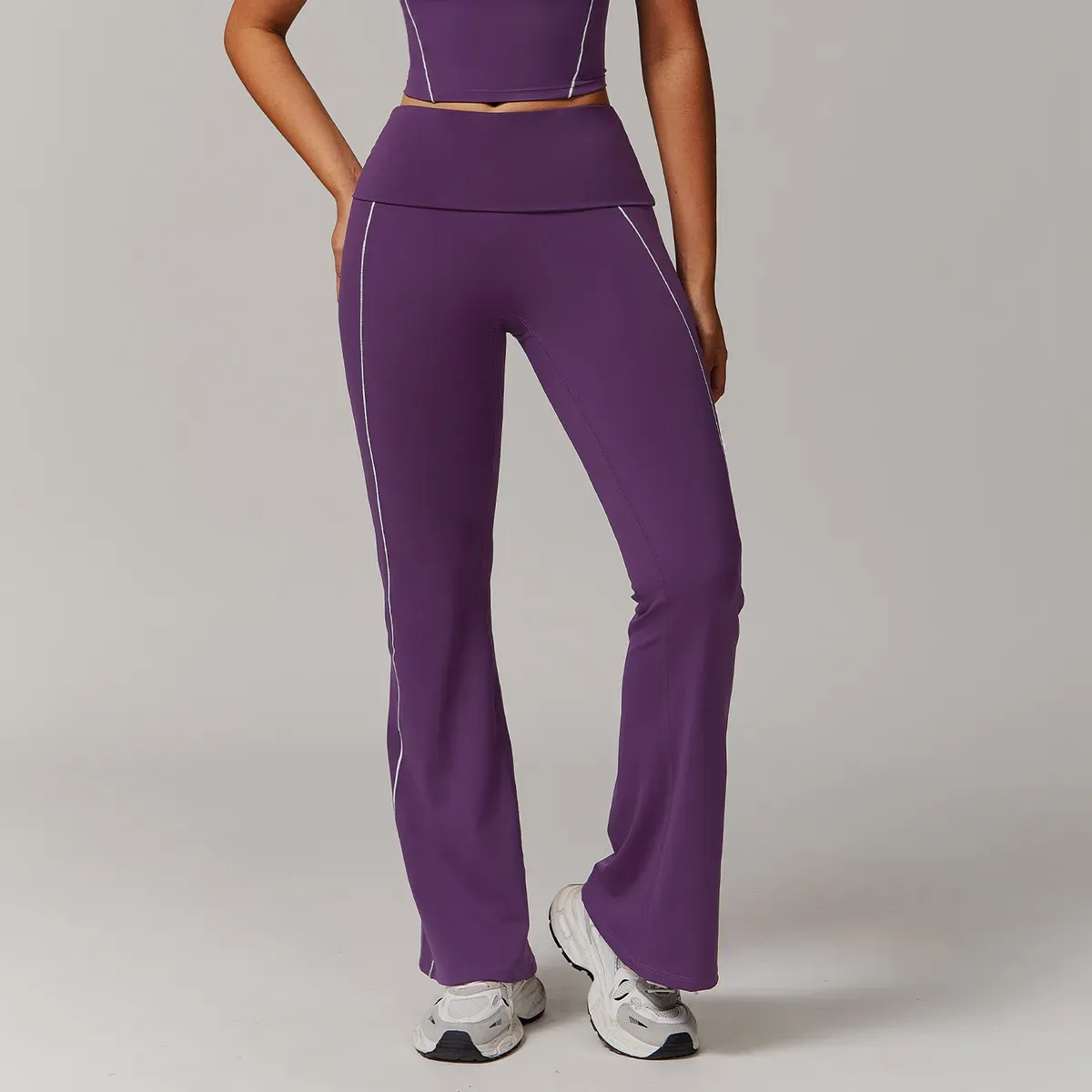 Frenzy Foldover Waist Contrast Stitch Flared Leggings
