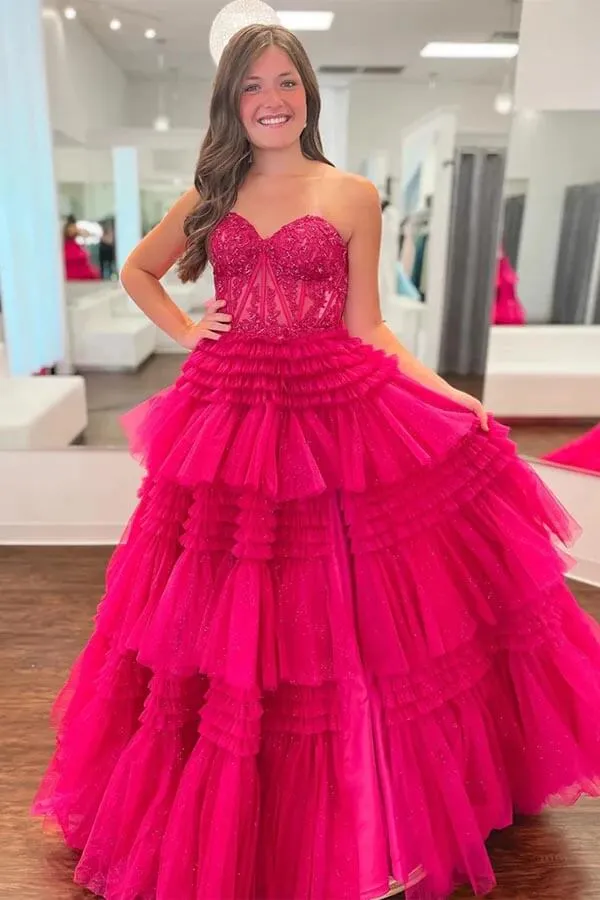 Fuchsia Tulle A-line Multi Layers Strapless Lace Appliques Prom Dresses, MP866