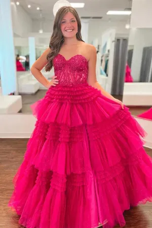 Fuchsia Tulle A-line Multi Layers Strapless Lace Appliques Prom Dresses, MP866