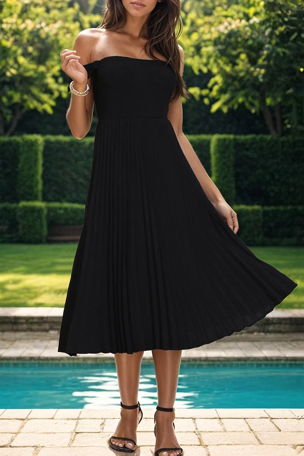 Gabe Pleated Off-Shoulder Midi Dress