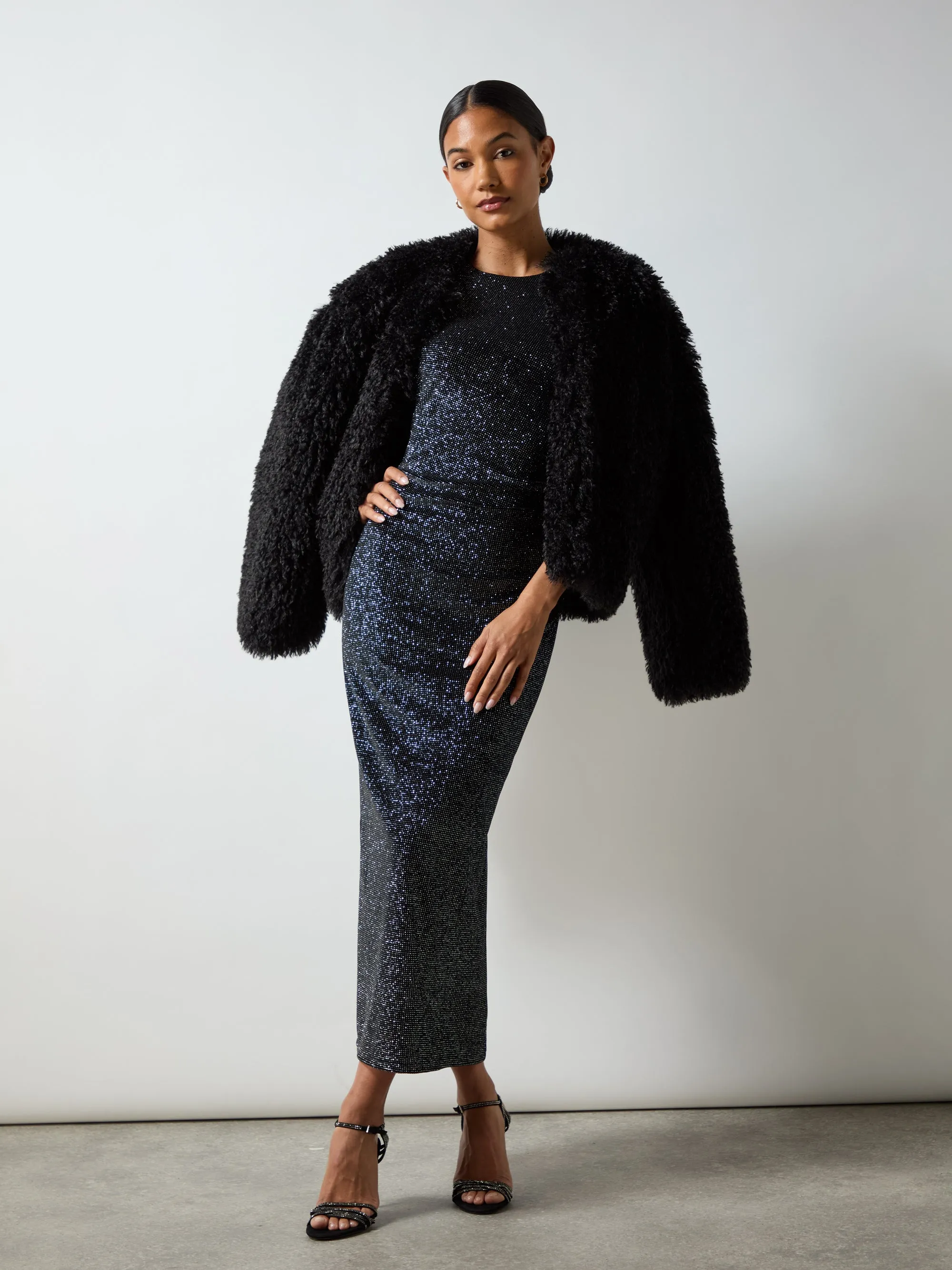 Gabriela Black Sparkle Velvet Column Midi Dress
