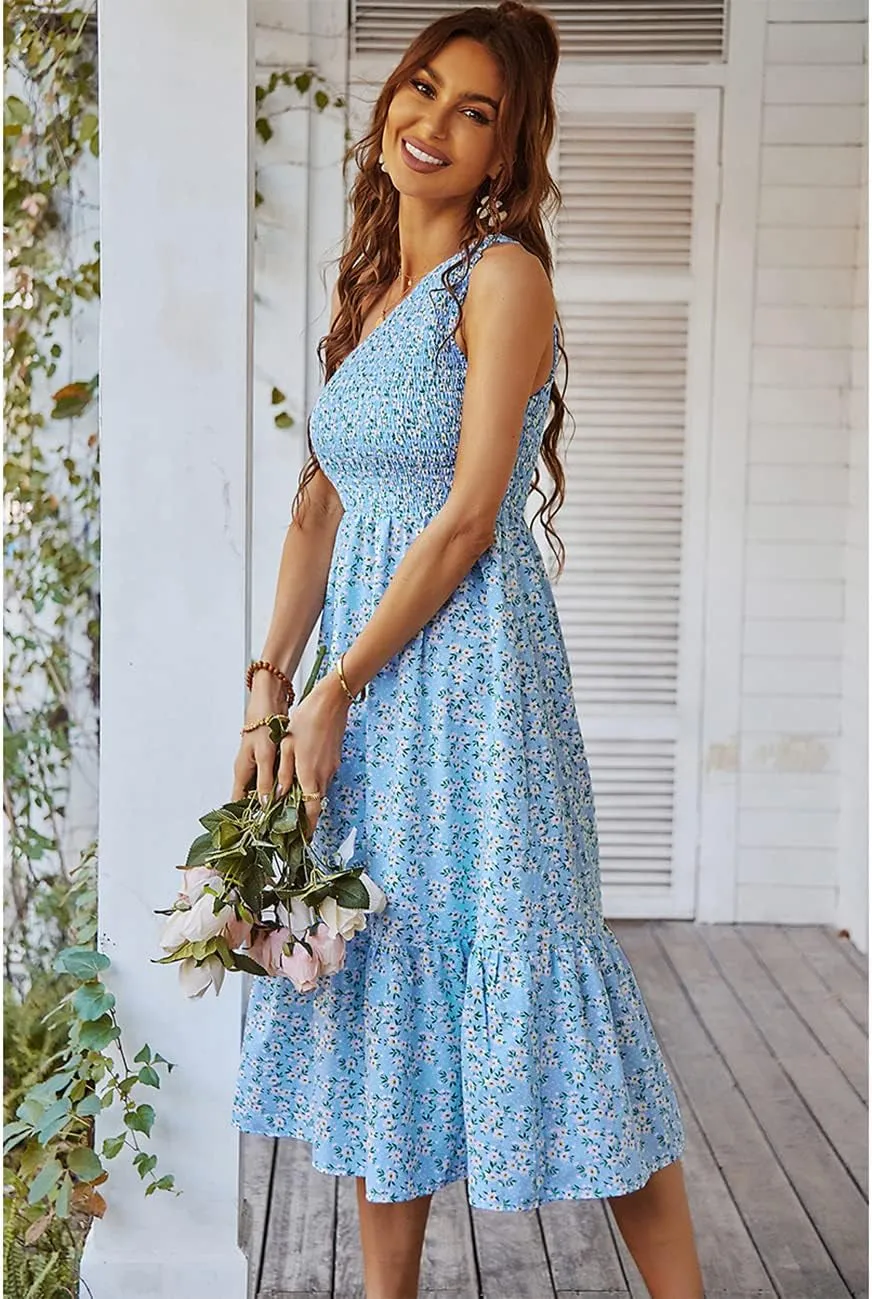 Get ready for summer vibes with our gorgeous light blue boho one-shoulder ruffle dress! Perfect for beach days and sunny outings! 🌸☀️ #SummerStyle #BohoChic