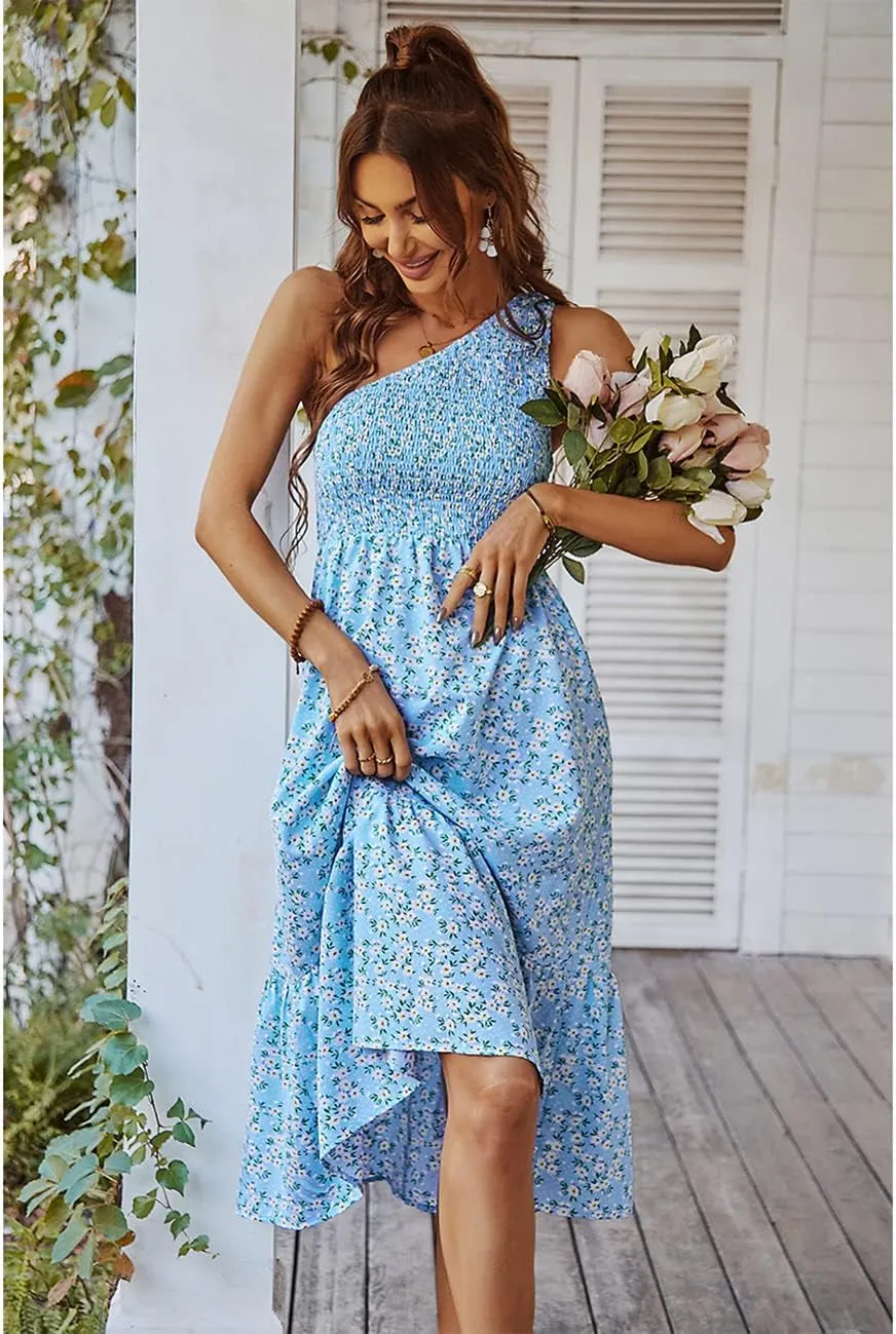 Get ready for summer vibes with our gorgeous light blue boho one-shoulder ruffle dress! Perfect for beach days and sunny outings! 🌸☀️ #SummerStyle #BohoChic