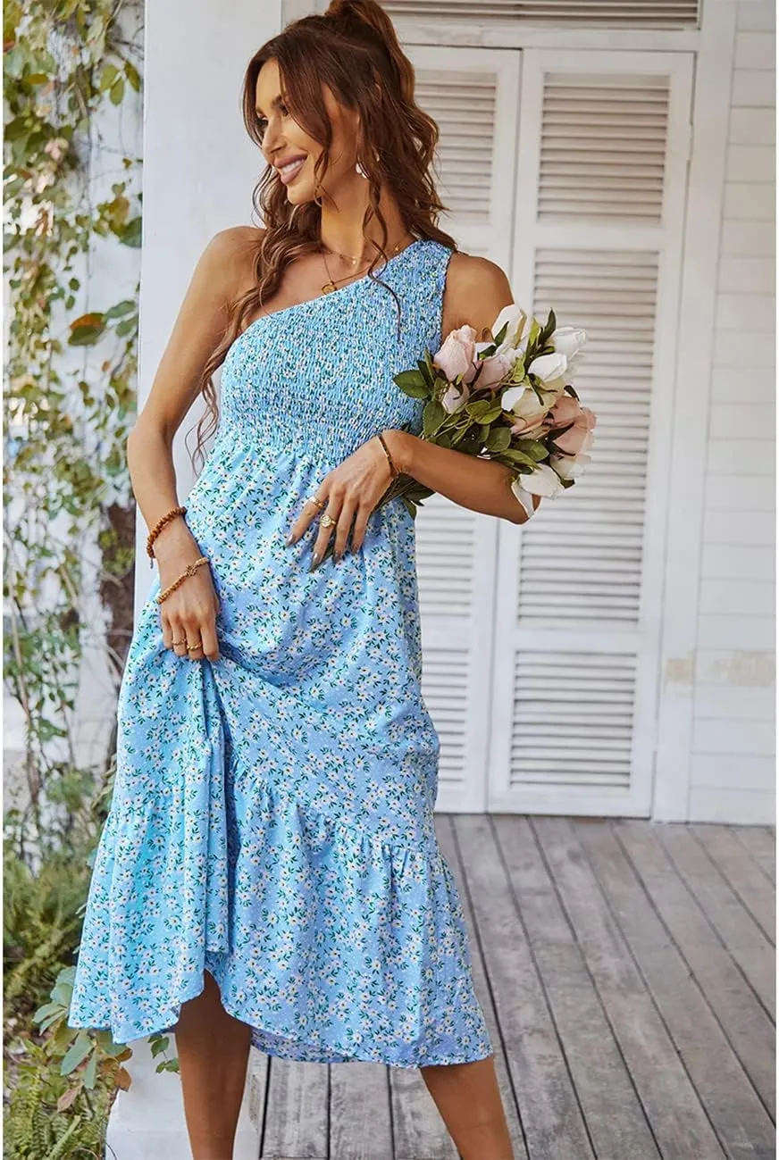 Get ready for summer vibes with our gorgeous light blue boho one-shoulder ruffle dress! Perfect for beach days and sunny outings! 🌸☀️ #SummerStyle #BohoChic