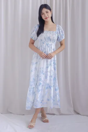 Gianna Smocked Puffy Sleeve Dress In Blue Porcelain