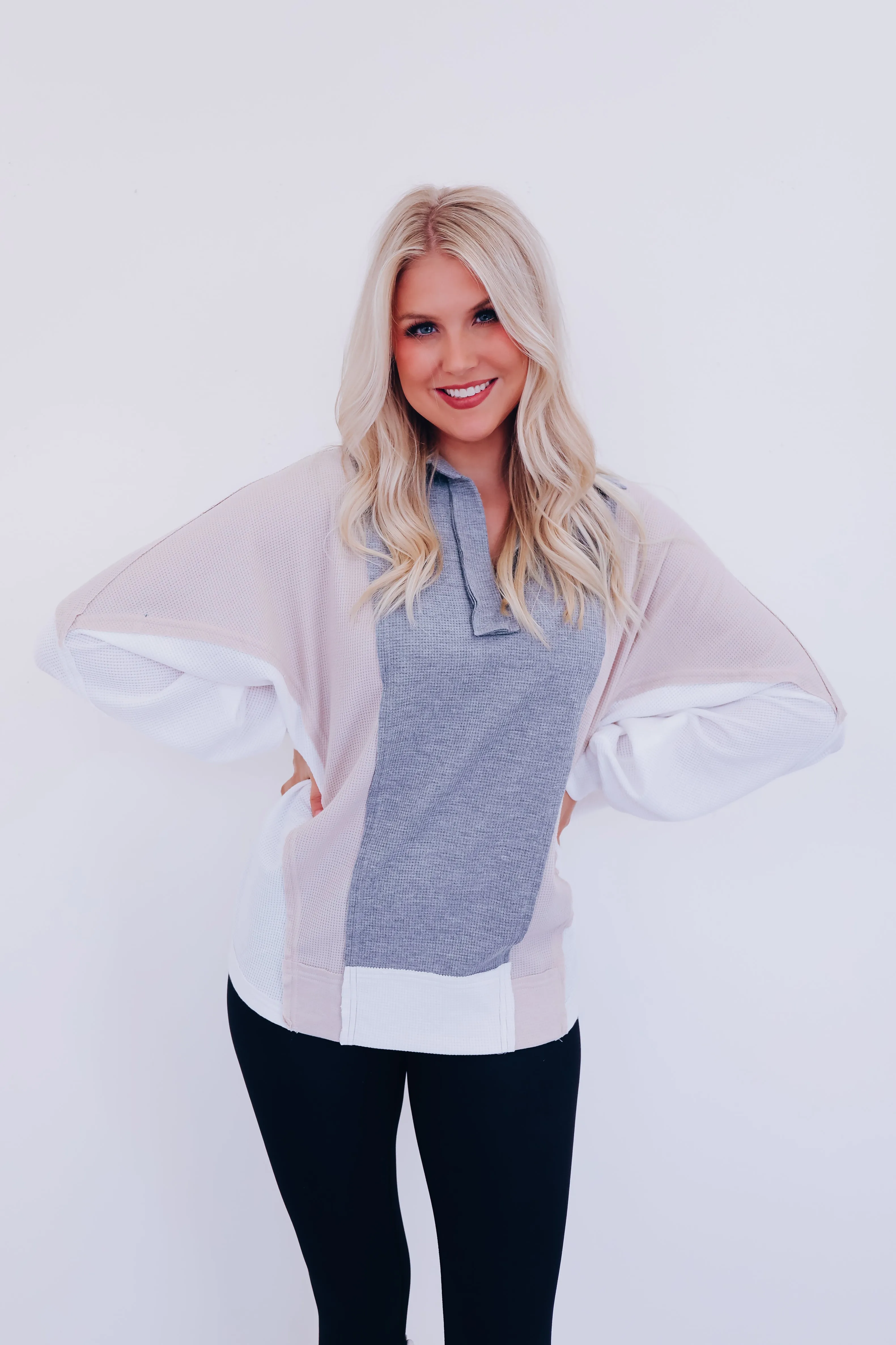 GiGi Colorblock V-Neck Top - Grey Multi