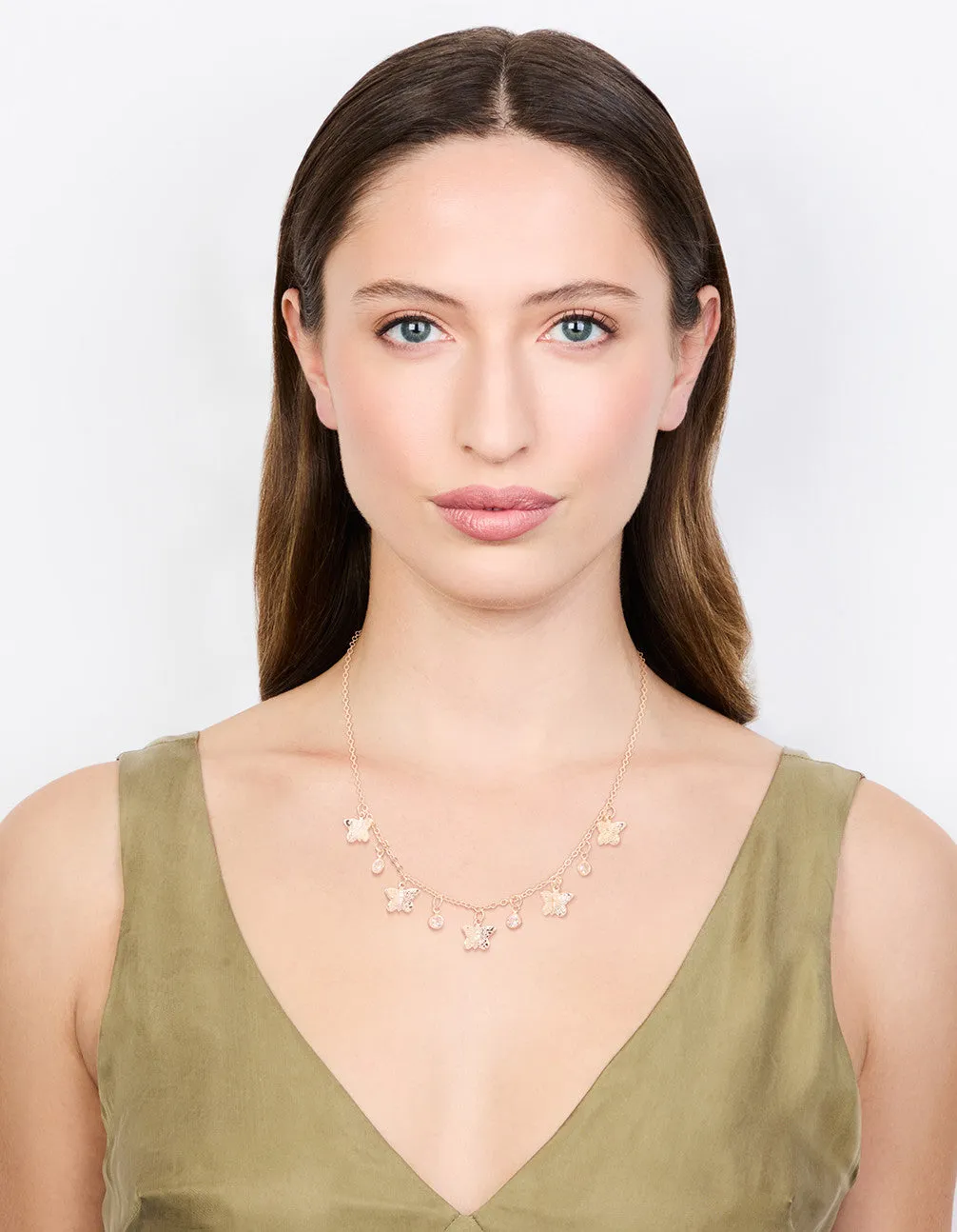 Gold Diamante Butterfly Drop Charm Necklace