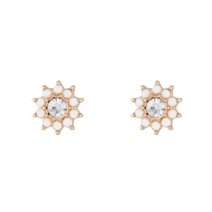 Gold White Flower Diamante Stud Earrings