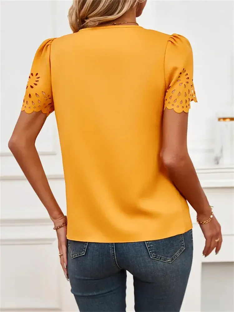 Golden Bloom Eyelet Puff Sleeve V-Neck Blouse