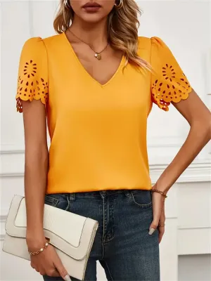 Golden Bloom Eyelet Puff Sleeve V-Neck Blouse