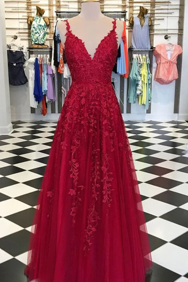 Gorgeous A-Line V-Neck Spaghetti Straps Dark Red Long Prom Dresses with Appliques,MP469