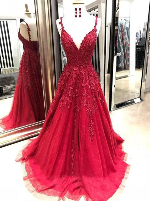 Gorgeous A-Line V-Neck Spaghetti Straps Dark Red Long Prom Dresses with Appliques,MP469