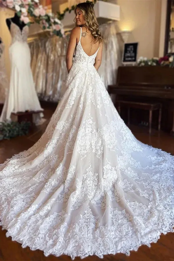 Gorgeous A-line V-neck Spaghetti Straps Lace Appliqued Wedding Dresses, SW670