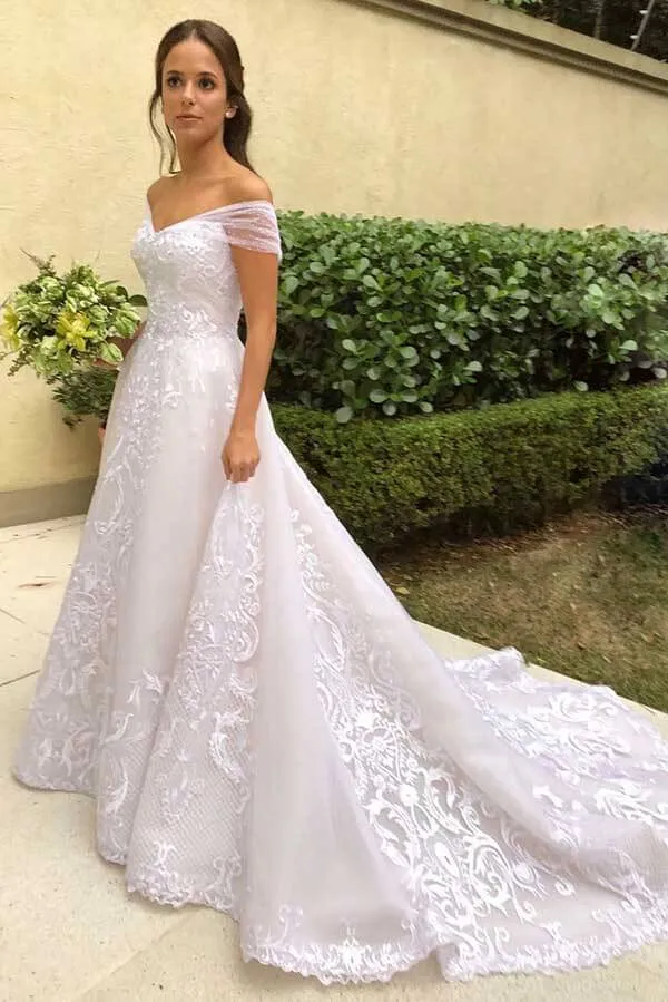 Gorgeous Ivory A-line Off-the-Shoulder Lace Wedding Dresses, Bridal Gown, SW516