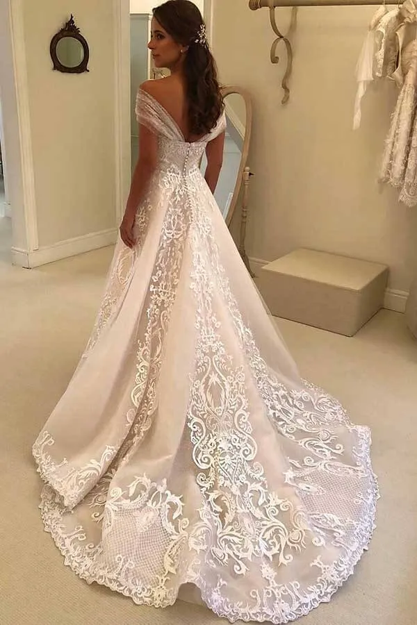 Gorgeous Ivory A-line Off-the-Shoulder Lace Wedding Dresses, Bridal Gown, SW516