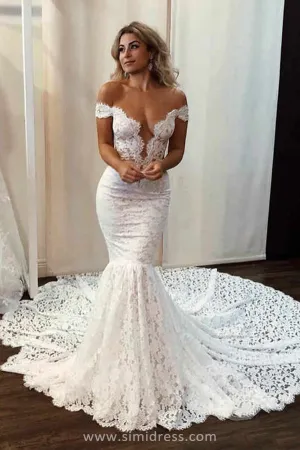 Gorgeous Ivory Lace Mermaid Off the Shoulder Wedding Dress with Sweep Train, SW315