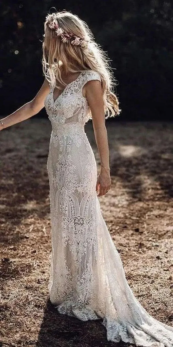Gorgeous Sheath Boho Cap Sleeve Vintage Lace Rustic Wedding Dress with Train, SW327