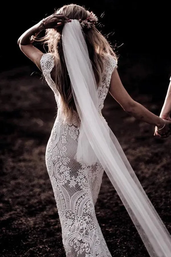 Gorgeous Sheath Boho Cap Sleeve Vintage Lace Rustic Wedding Dress with Train, SW327