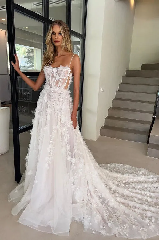 Gorgeous Spaghetti Straps Tulle Wedding Dress with 3D Appliques N099