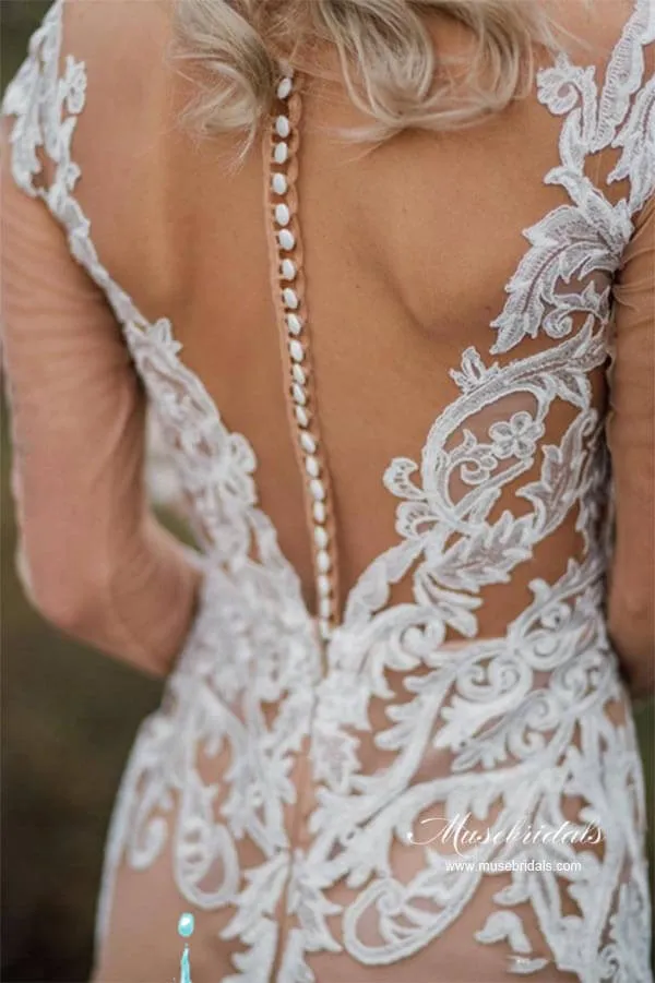 Gorgeous Tulle Mermaid Long Sleeves Wedding Dresses With Appliques, MW967