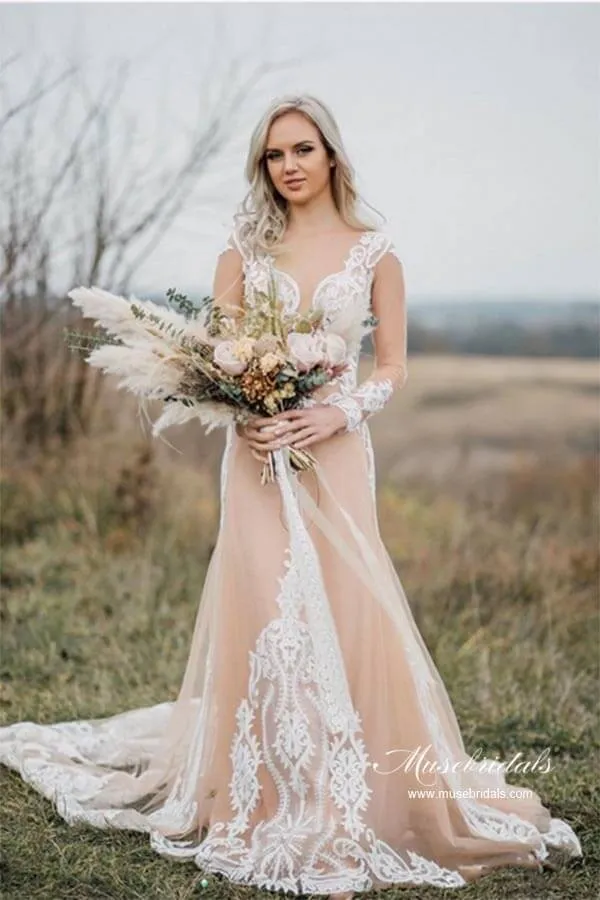 Gorgeous Tulle Mermaid Long Sleeves Wedding Dresses With Appliques, MW967