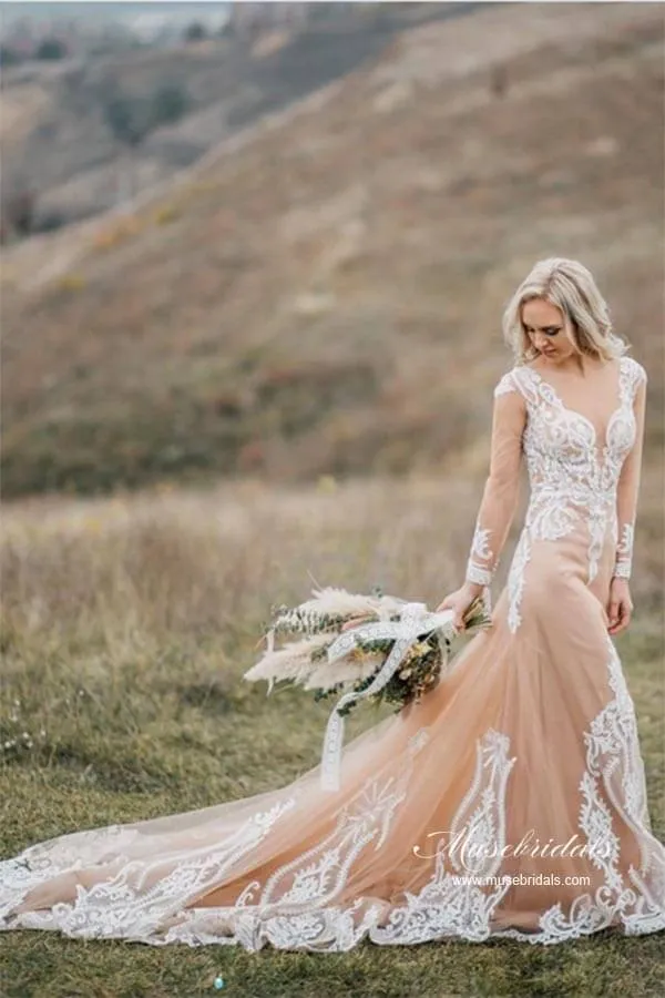 Gorgeous Tulle Mermaid Long Sleeves Wedding Dresses With Appliques, MW967