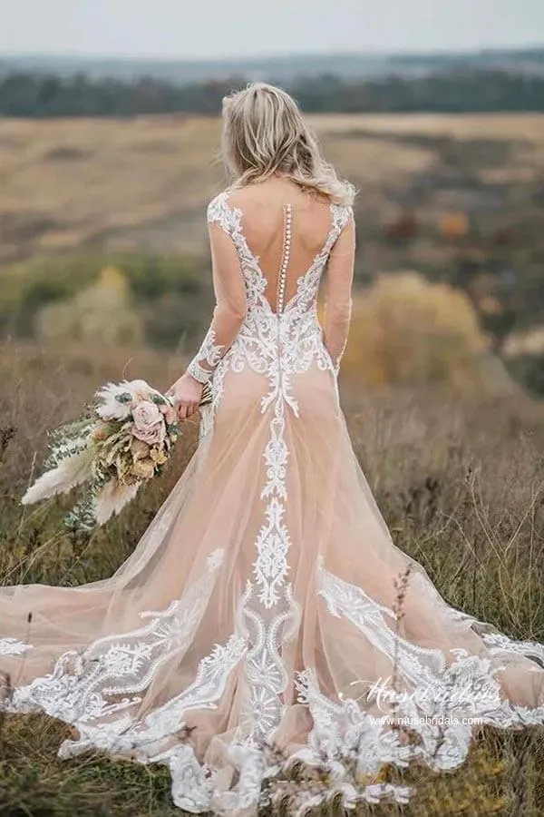 Gorgeous Tulle Mermaid Long Sleeves Wedding Dresses With Appliques, MW967