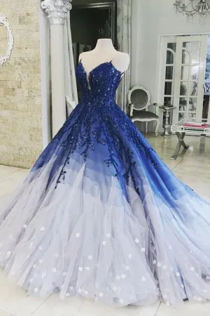 Gorgeous Tulle Ombre Ball Gown V-neck Long Prom Dresses With Lace Appliques, MP840