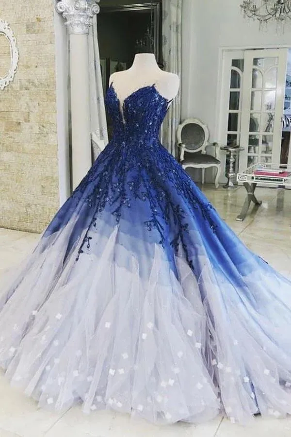 Gorgeous Tulle Ombre Ball Gown V-neck Long Prom Dresses With Lace Appliques, MP840