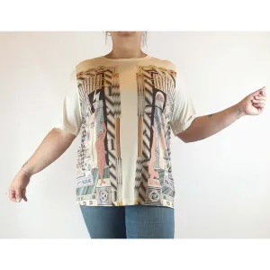 Gorman x Jess Johnson pre-owned cream tee with unique Egypt-inspired print size 14