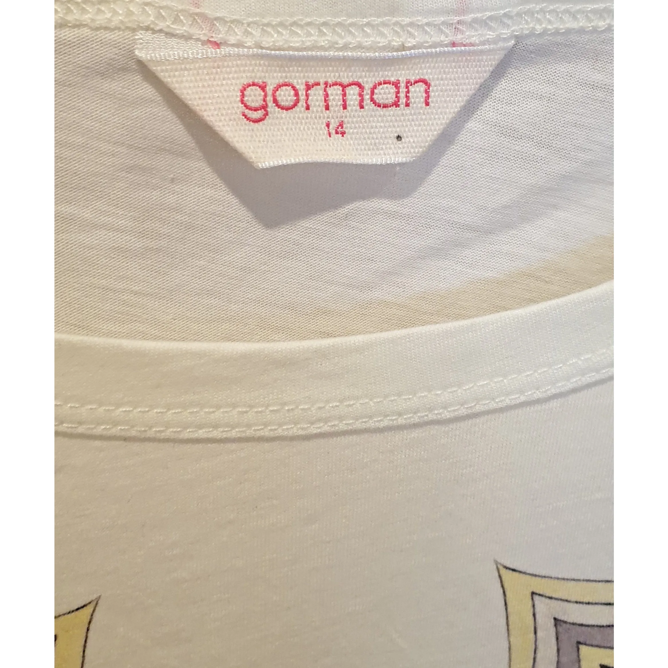 Gorman x Jess Johnson pre-owned cream tee with unique Egypt-inspired print size 14